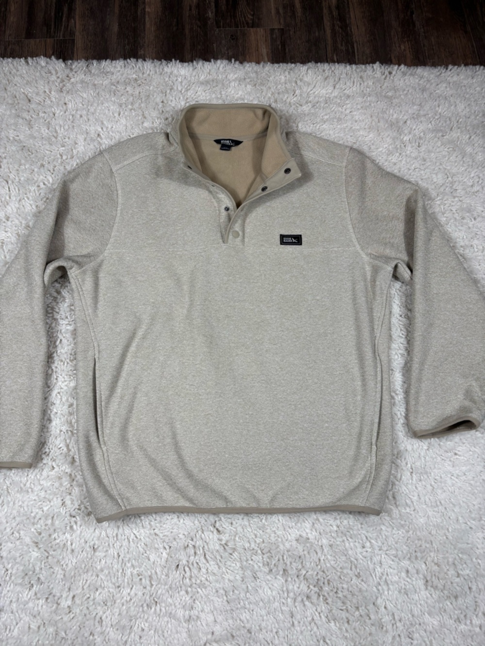 Eddie Bauer Men’s L Fleece Lined Snap Pullover Kangaroo Pocket Beige